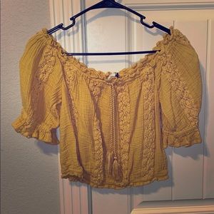 dark yellow off the shoulder crop shirt